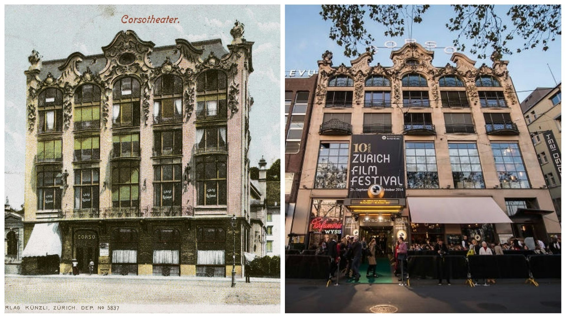 Das Kino Corso im Verlauf der Geschichte (links um 1900, rechts am 10. ZFF 2014)